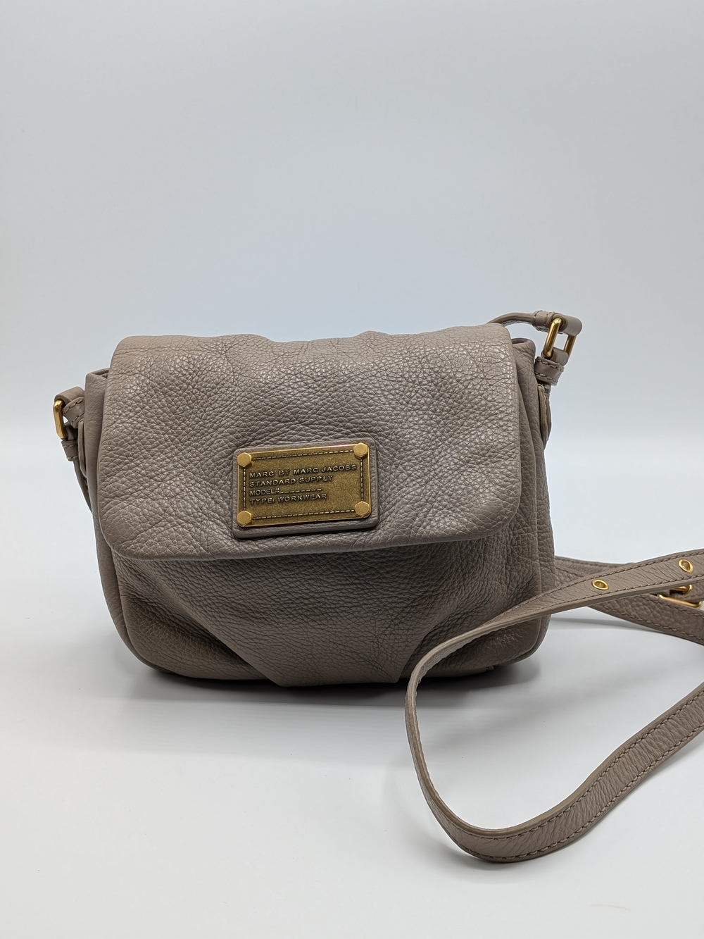 Marc by Marc Jacobs Bag 7" Taupe Pebbled Leather Flap Crossbody with Gold Plate